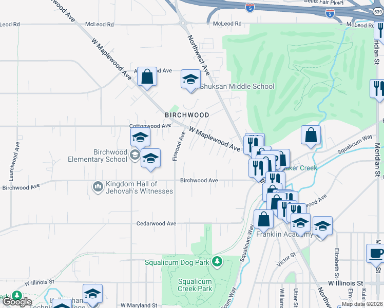 map of restaurants, bars, coffee shops, grocery stores, and more near 2715 West Maplewood Avenue in Bellingham