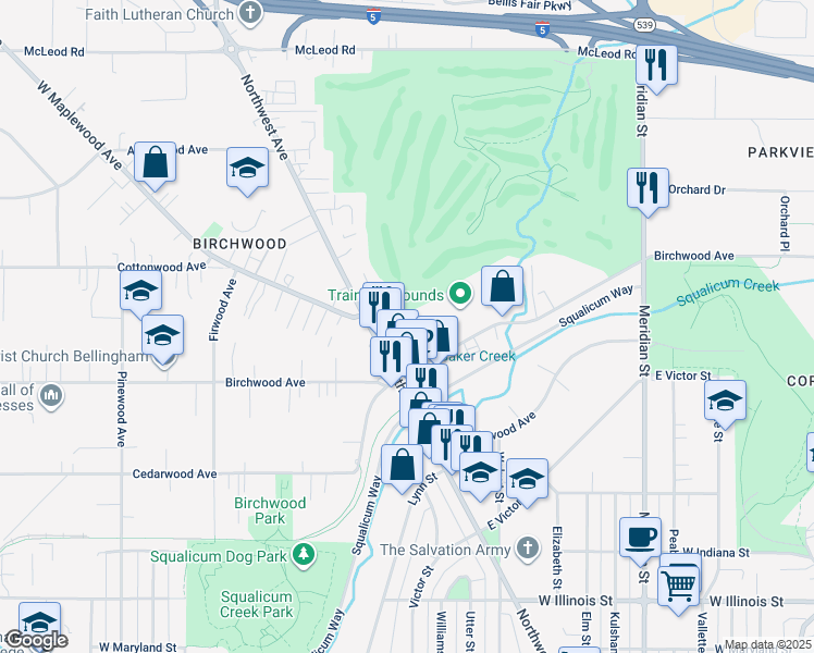 map of restaurants, bars, coffee shops, grocery stores, and more near 3240 Northwest Avenue in Bellingham