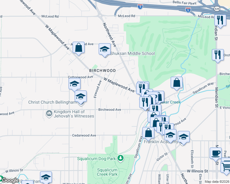 map of restaurants, bars, coffee shops, grocery stores, and more near 2639 West Maplewood Avenue in Bellingham
