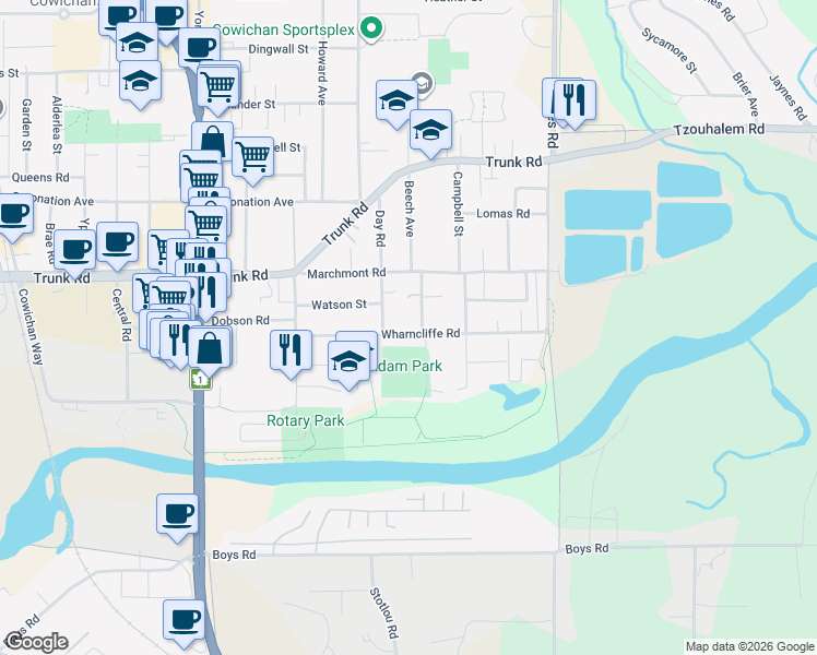 map of restaurants, bars, coffee shops, grocery stores, and more near in Duncan