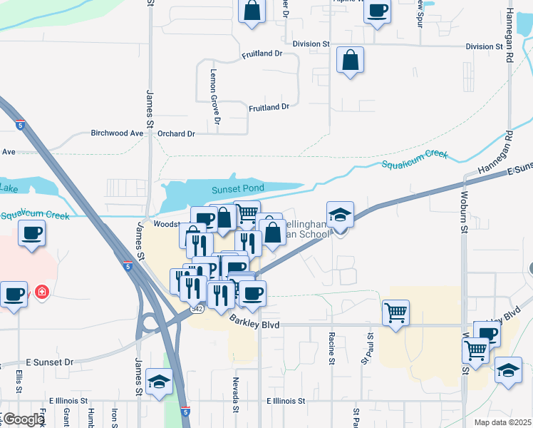 map of restaurants, bars, coffee shops, grocery stores, and more near 1301 Woodstock Way in Bellingham