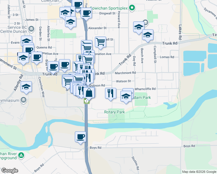 map of restaurants, bars, coffee shops, grocery stores, and more near in Duncan