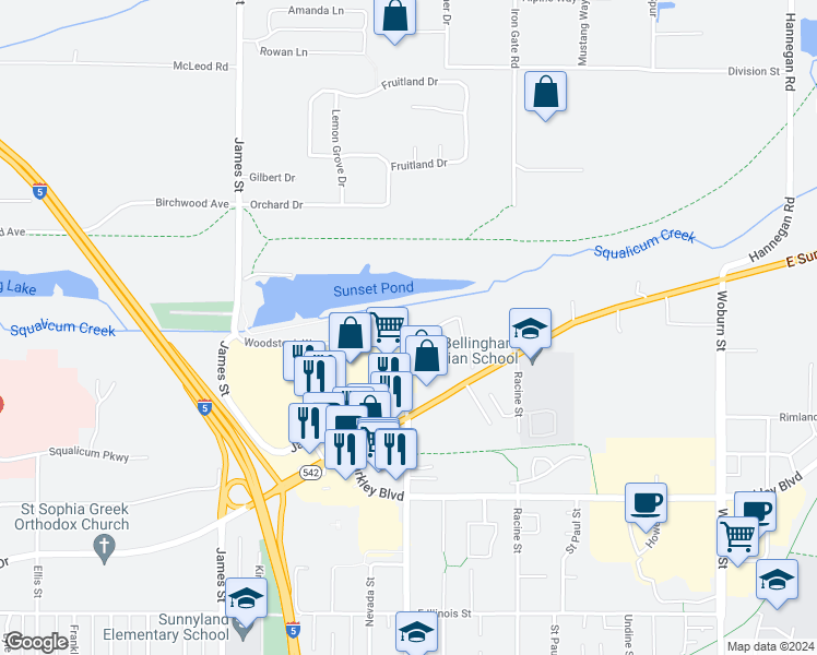 map of restaurants, bars, coffee shops, grocery stores, and more near 1301 Woodstock Way in Bellingham