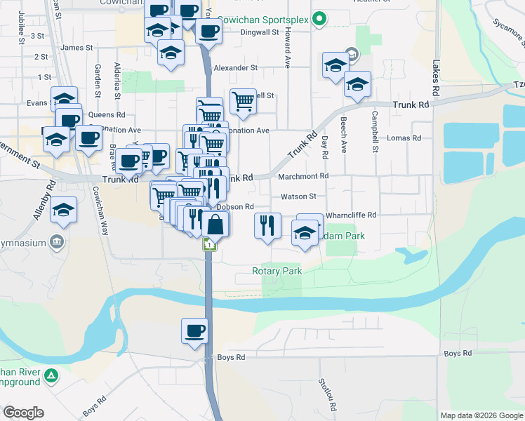 map of restaurants, bars, coffee shops, grocery stores, and more near 650 Dobson Road in Duncan