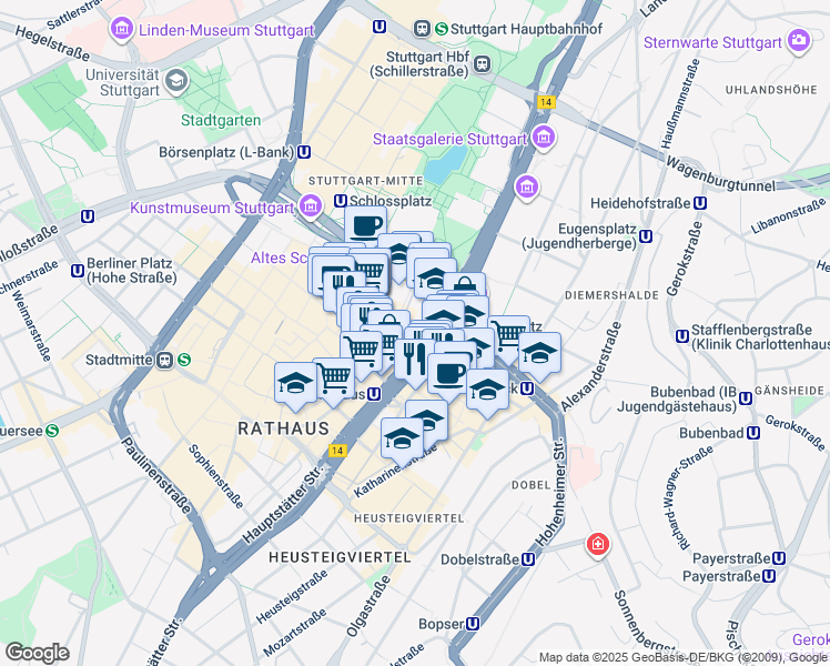 map of restaurants, bars, coffee shops, grocery stores, and more near 6 Else-Josenhans-Straße in Stuttgart