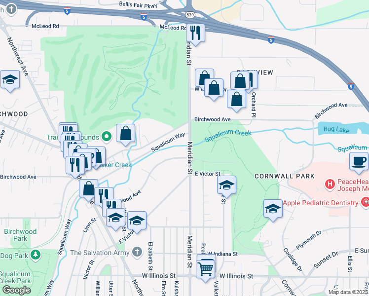 map of restaurants, bars, coffee shops, grocery stores, and more near 3413 Meridian St in Bellingham