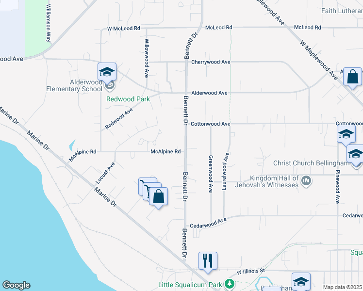 map of restaurants, bars, coffee shops, grocery stores, and more near 3245 Bennett Drive in Bellingham