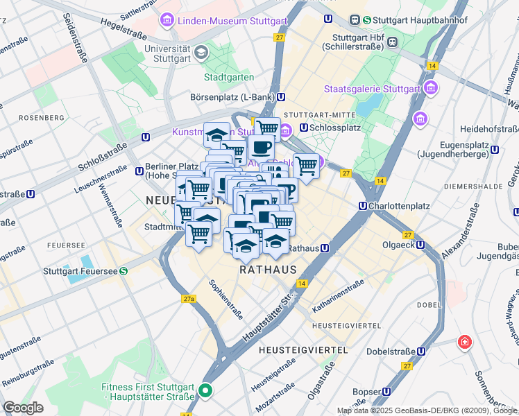 map of restaurants, bars, coffee shops, grocery stores, and more near 27 Königstraße in Stuttgart