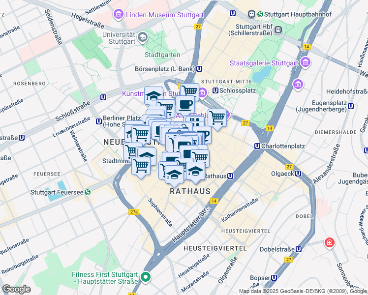 map of restaurants, bars, coffee shops, grocery stores, and more near 27 Königstraße in Stuttgart