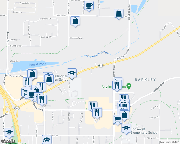 map of restaurants, bars, coffee shops, grocery stores, and more near 1808 East Sunset Drive in Bellingham