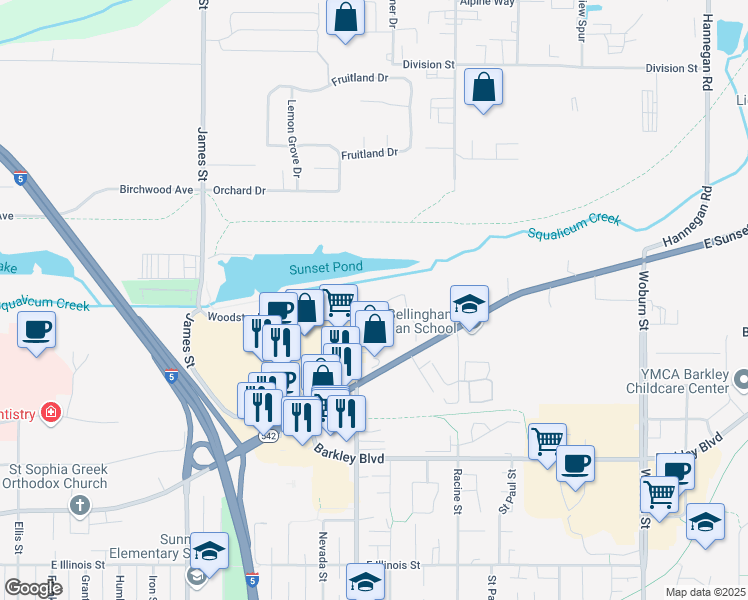 map of restaurants, bars, coffee shops, grocery stores, and more near 1301 Woodstock Way in Bellingham