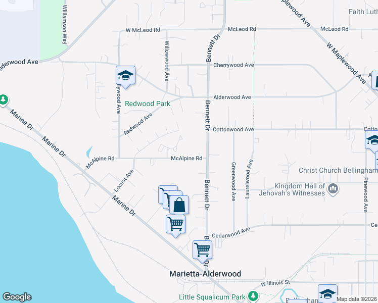 map of restaurants, bars, coffee shops, grocery stores, and more near 3308 McAlpine Road in Bellingham