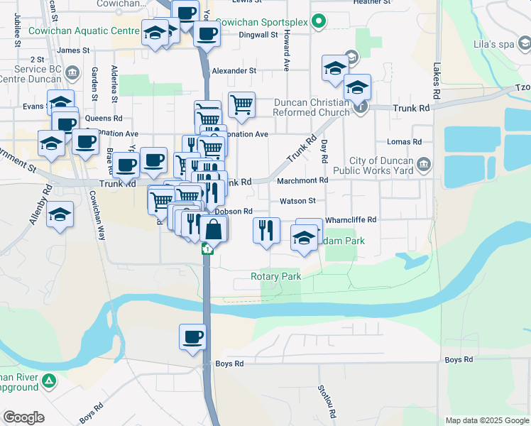 map of restaurants, bars, coffee shops, grocery stores, and more near in Duncan