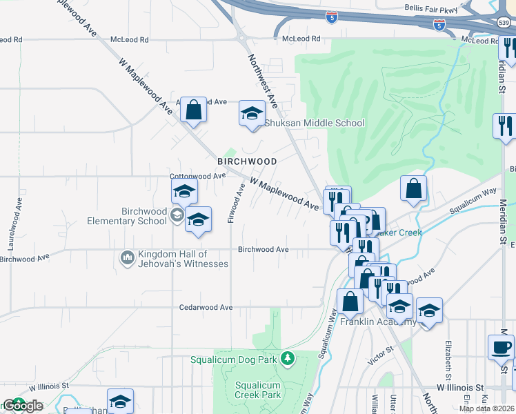 map of restaurants, bars, coffee shops, grocery stores, and more near 2713 West Maplewood Avenue in Bellingham