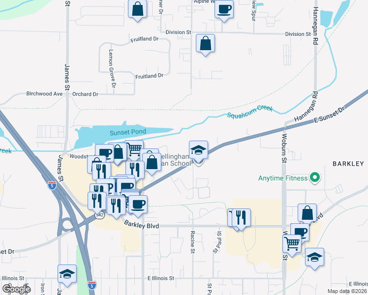 map of restaurants, bars, coffee shops, grocery stores, and more near 3353 Racine Street in Bellingham