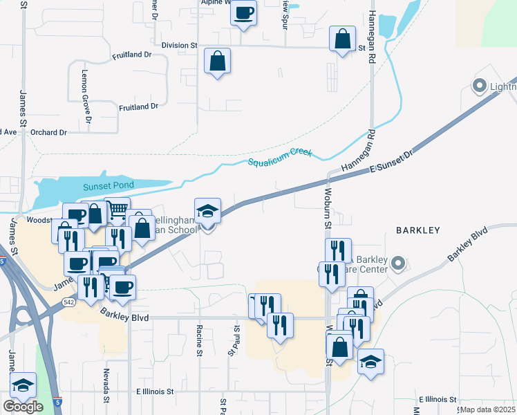 map of restaurants, bars, coffee shops, grocery stores, and more near 1808 East Sunset Drive in Bellingham