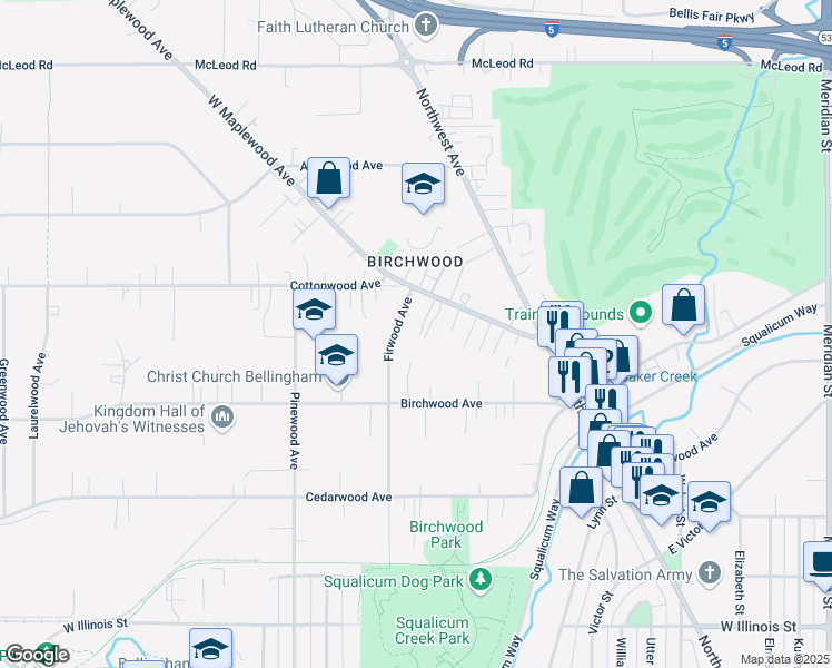 map of restaurants, bars, coffee shops, grocery stores, and more near 3242 Firwood Avenue in Bellingham