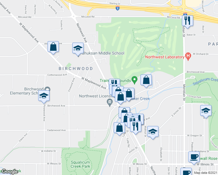 map of restaurants, bars, coffee shops, grocery stores, and more near 2600 West Maplewood Avenue in Bellingham