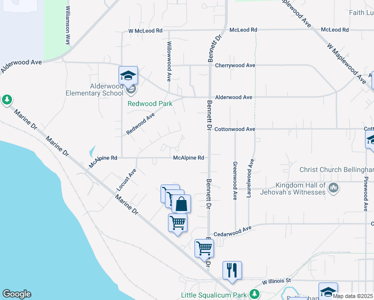 map of restaurants, bars, coffee shops, grocery stores, and more near 3308 McAlpine Road in Bellingham