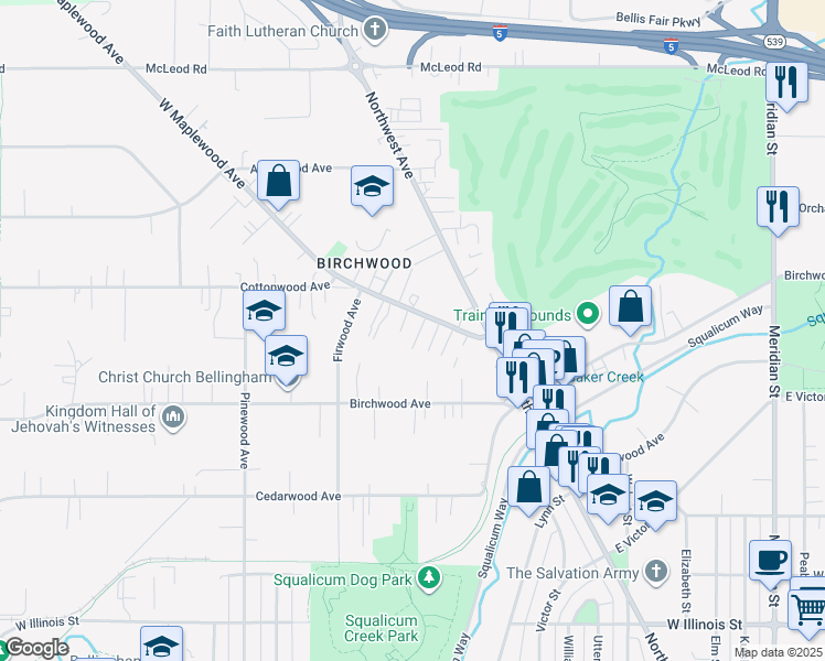 map of restaurants, bars, coffee shops, grocery stores, and more near 2647 West Maplewood Avenue in Bellingham
