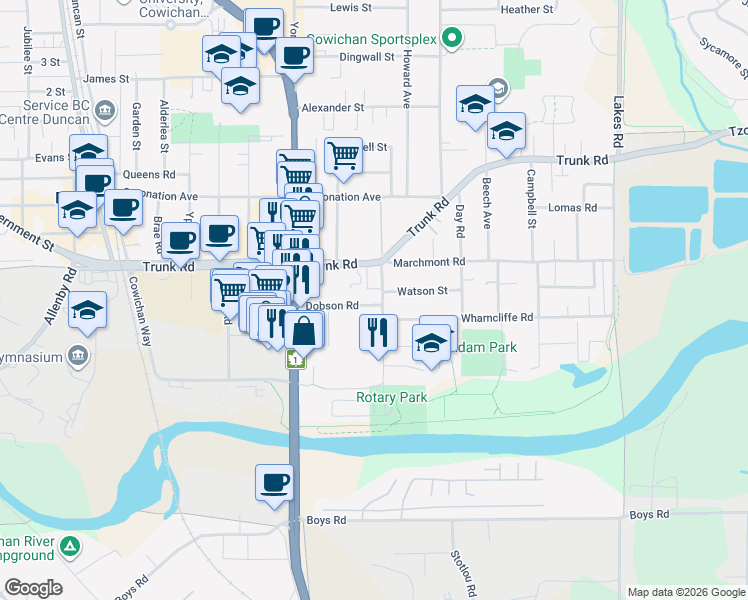 map of restaurants, bars, coffee shops, grocery stores, and more near in Duncan