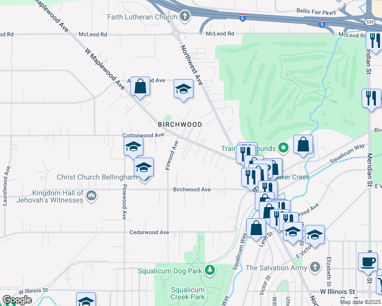map of restaurants, bars, coffee shops, grocery stores, and more near 2639 West Maplewood Avenue in Bellingham