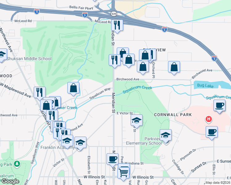 map of restaurants, bars, coffee shops, grocery stores, and more near 3400 Meridian Street in Bellingham