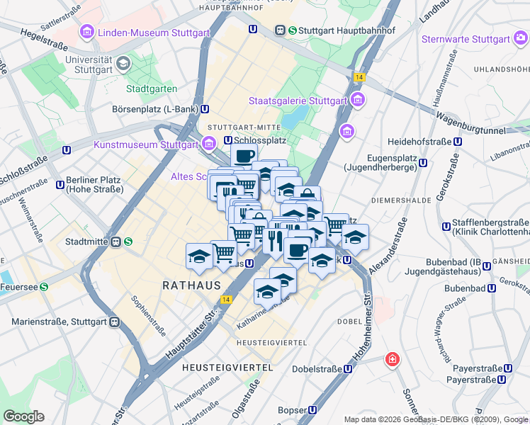 map of restaurants, bars, coffee shops, grocery stores, and more near 8 Dorotheenstraße in Stuttgart
