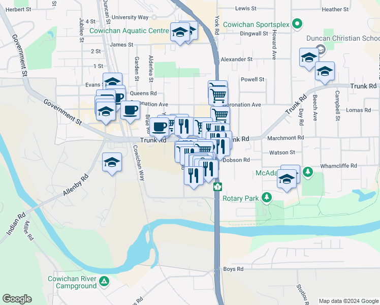 map of restaurants, bars, coffee shops, grocery stores, and more near 368 Trunk Road in Duncan