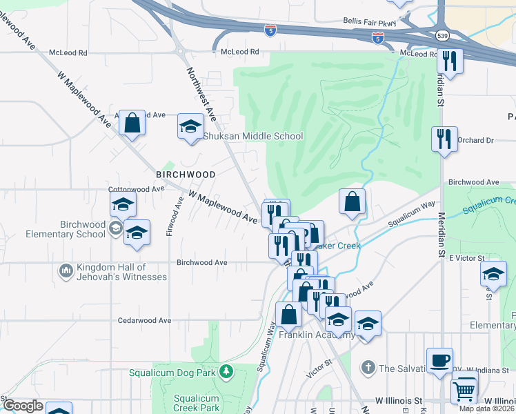 map of restaurants, bars, coffee shops, grocery stores, and more near 3300 Northwest Avenue in Bellingham