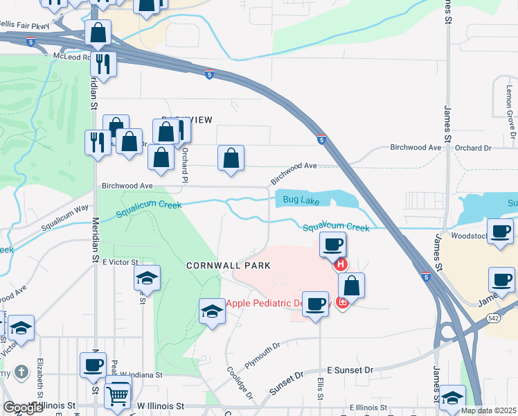 map of restaurants, bars, coffee shops, grocery stores, and more near 205 Birchwood Avenue in Bellingham