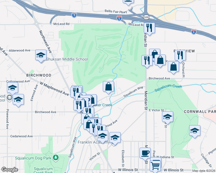 map of restaurants, bars, coffee shops, grocery stores, and more near 1470 Birchwood Avenue in Bellingham