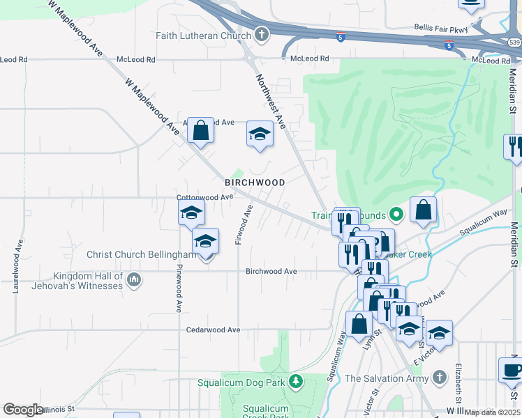 map of restaurants, bars, coffee shops, grocery stores, and more near 2723 West Maplewood Avenue in Bellingham