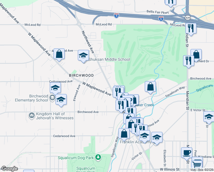 map of restaurants, bars, coffee shops, grocery stores, and more near 3322 Northwest Avenue in Bellingham