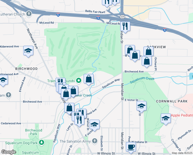 map of restaurants, bars, coffee shops, grocery stores, and more near 1308 Birchwood Avenue in Bellingham