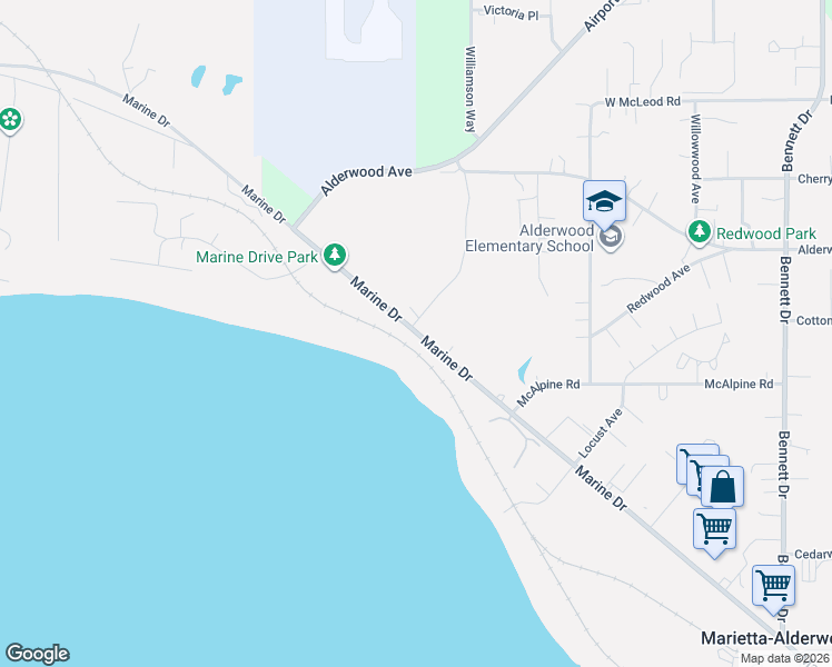 map of restaurants, bars, coffee shops, grocery stores, and more near 1000 Marine Drive in Bellingham