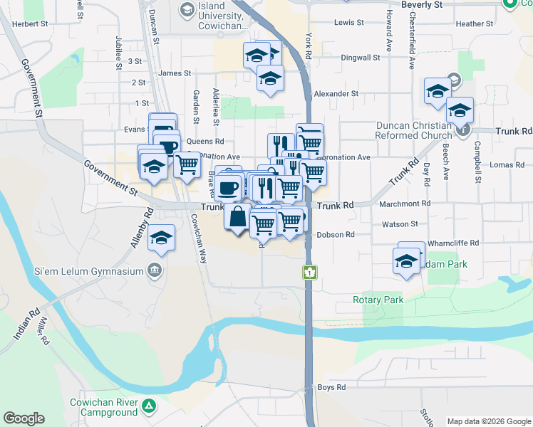 map of restaurants, bars, coffee shops, grocery stores, and more near 354 Trunk Road in Duncan