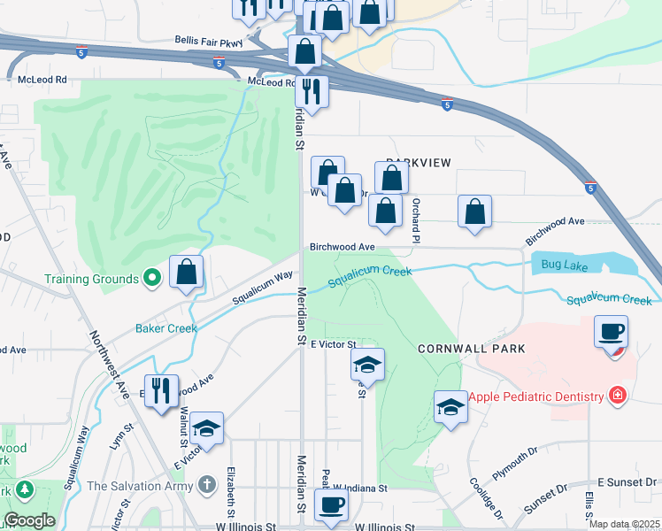 map of restaurants, bars, coffee shops, grocery stores, and more near 3424 Meridian Street in Bellingham