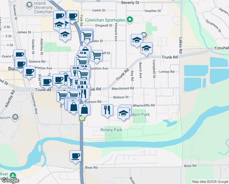 map of restaurants, bars, coffee shops, grocery stores, and more near 720 Marchmont Road in Duncan