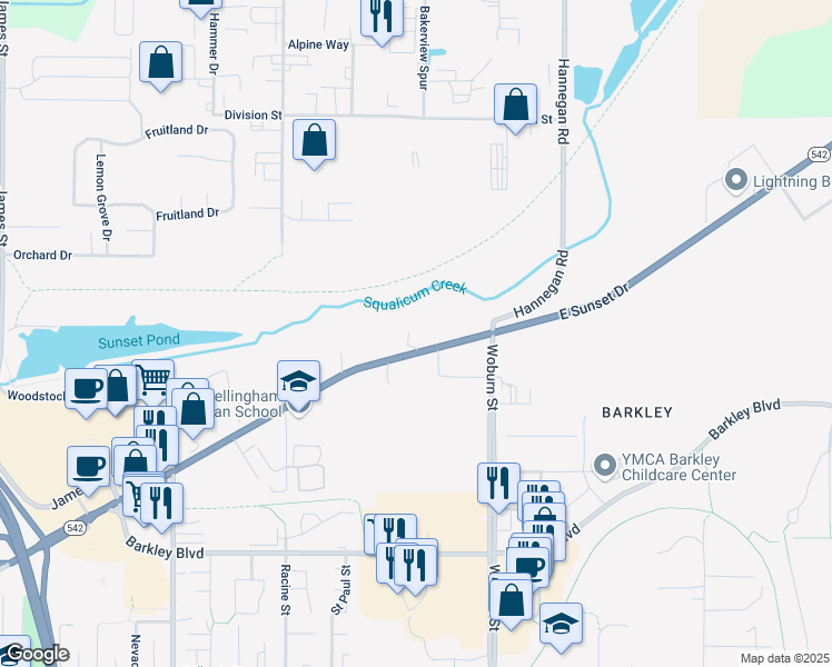 map of restaurants, bars, coffee shops, grocery stores, and more near 2001 East Sunset Drive in Bellingham