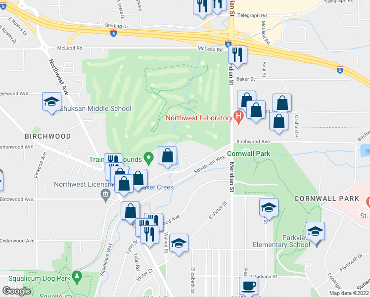map of restaurants, bars, coffee shops, grocery stores, and more near 1308 Birchwood Avenue in Bellingham