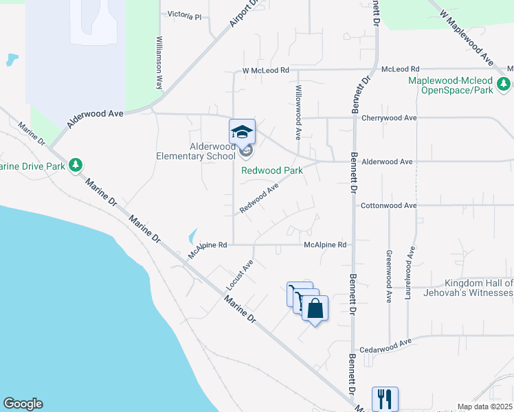 map of restaurants, bars, coffee shops, grocery stores, and more near 3435 Redwood Avenue in Bellingham