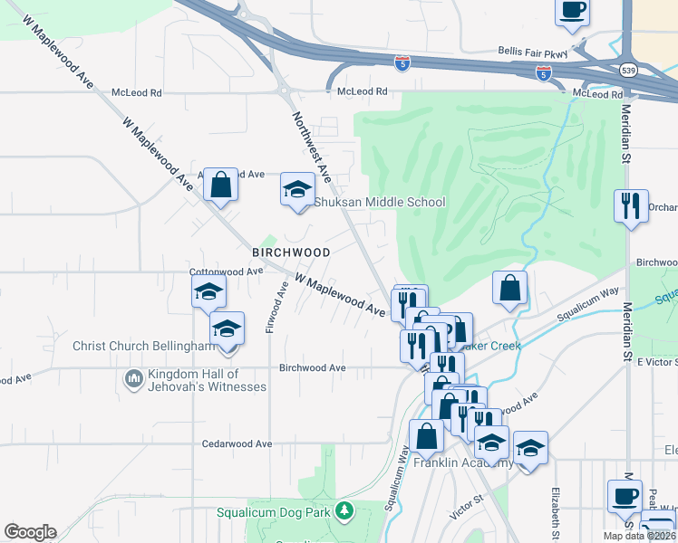 map of restaurants, bars, coffee shops, grocery stores, and more near 2700 West Maplewood Avenue in Bellingham