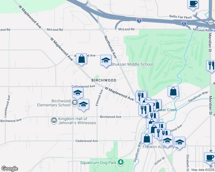 map of restaurants, bars, coffee shops, grocery stores, and more near 2720 West Maplewood Avenue in Bellingham