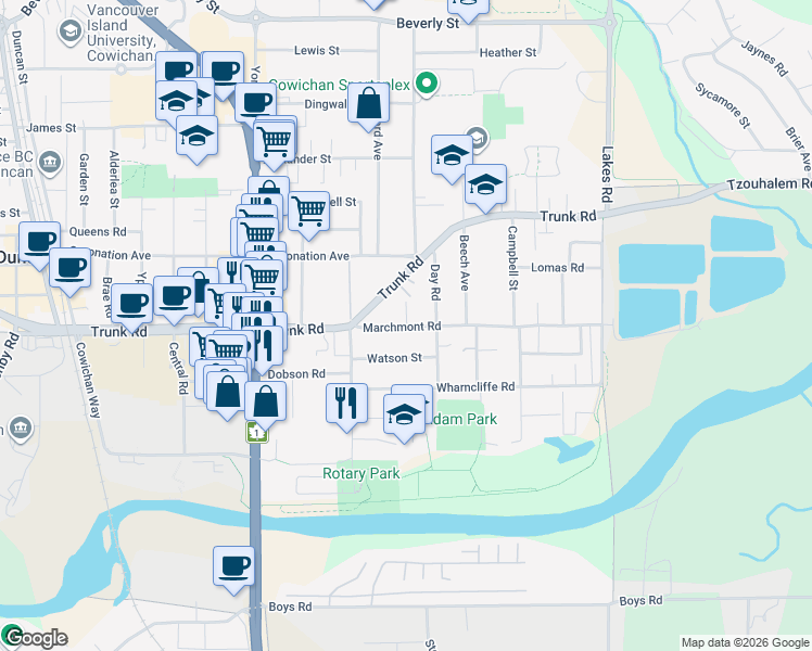 map of restaurants, bars, coffee shops, grocery stores, and more near 749 Marchmont Road in Duncan