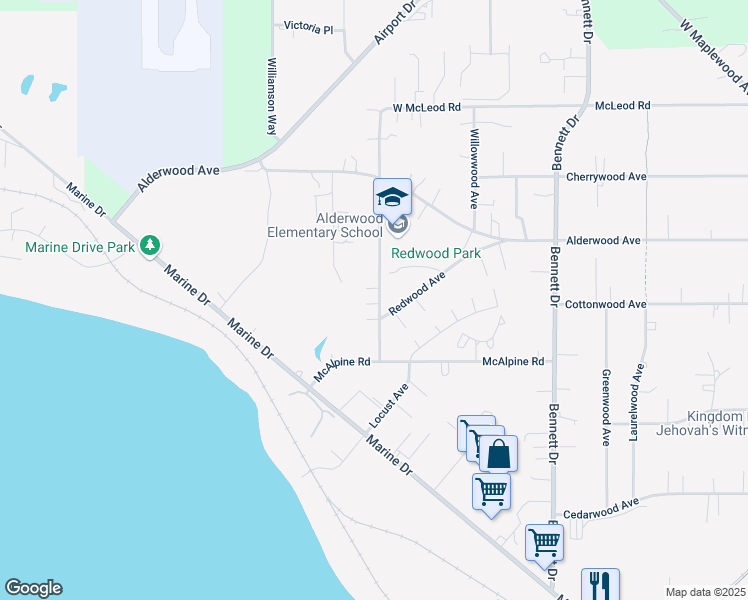 map of restaurants, bars, coffee shops, grocery stores, and more near 3300 Hollywood Avenue in Bellingham