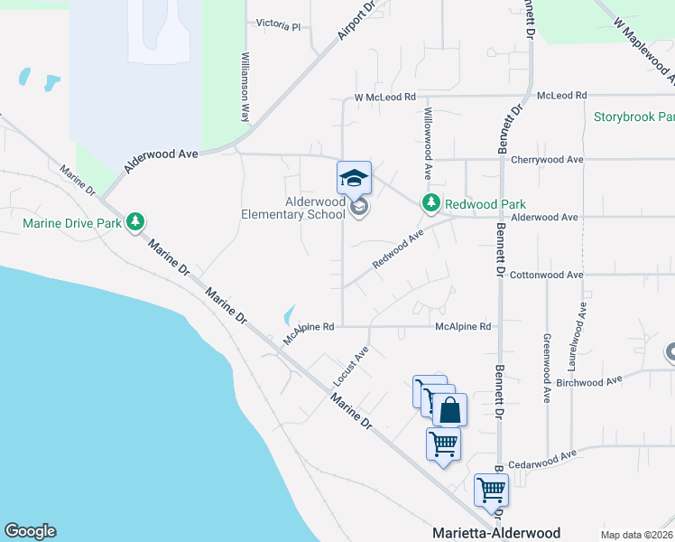 map of restaurants, bars, coffee shops, grocery stores, and more near 3300 Hollywood Avenue in Bellingham