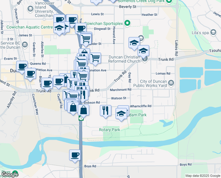 map of restaurants, bars, coffee shops, grocery stores, and more near 715 Marchmont Road in Duncan