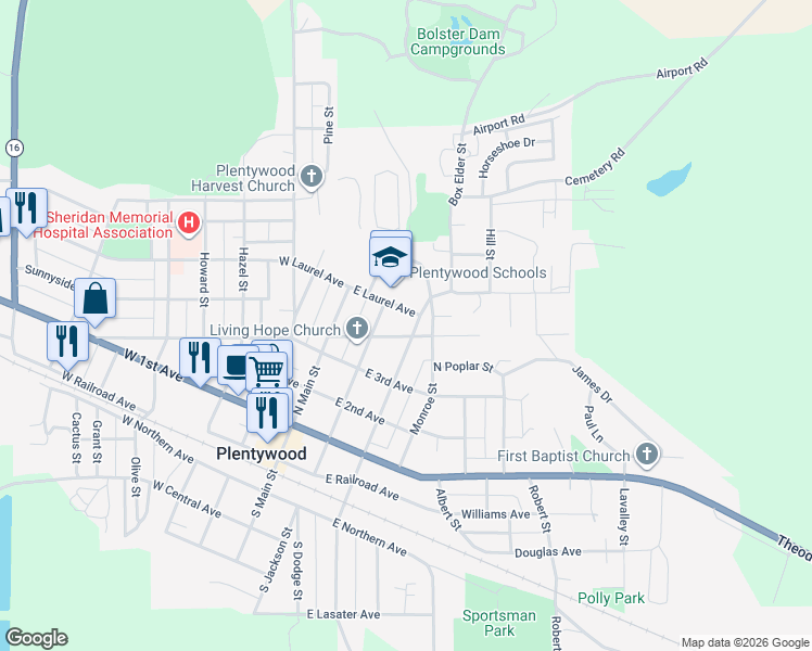 map of restaurants, bars, coffee shops, grocery stores, and more near 216 East Laurel Avenue in Plentywood