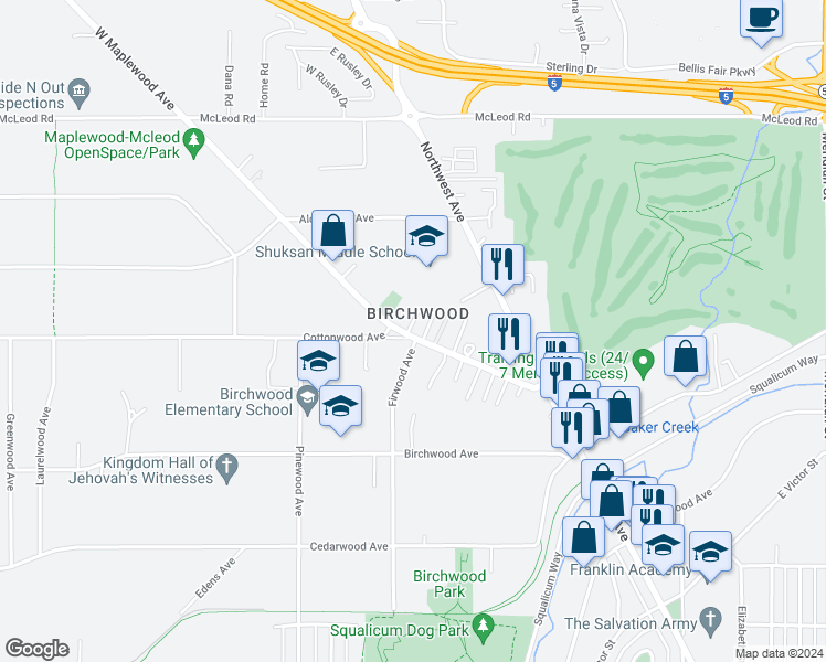 map of restaurants, bars, coffee shops, grocery stores, and more near 2720 West Maplewood Avenue in Bellingham